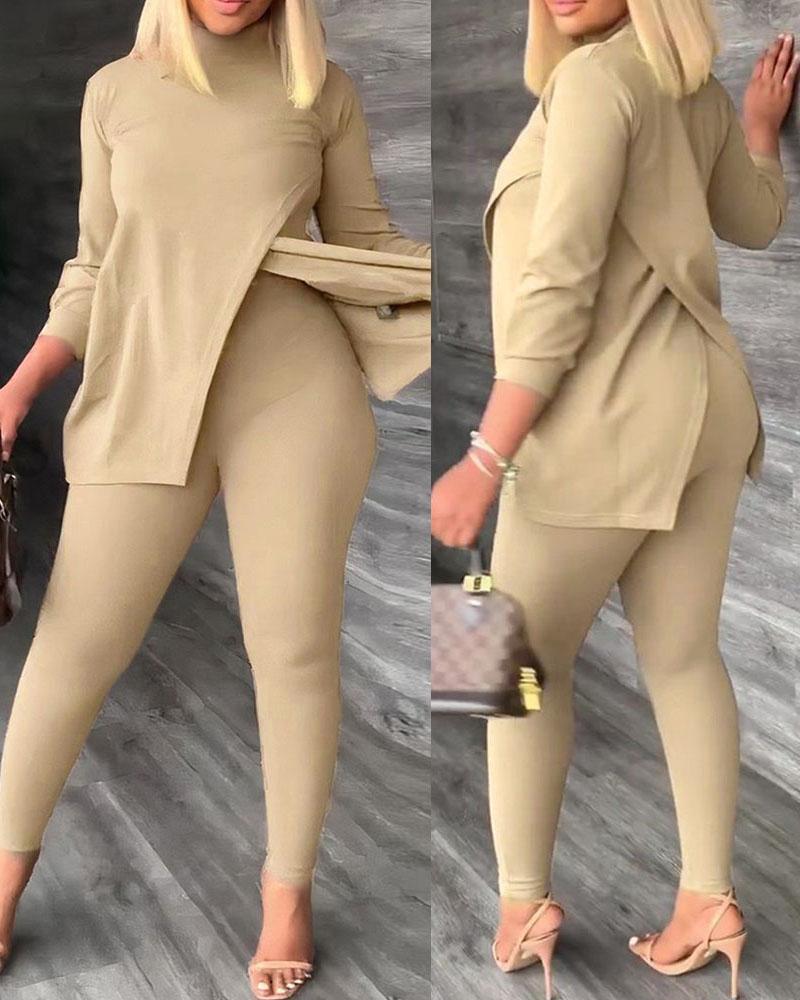 

Plus Size Split Hem Top & Pants Set, Khaki