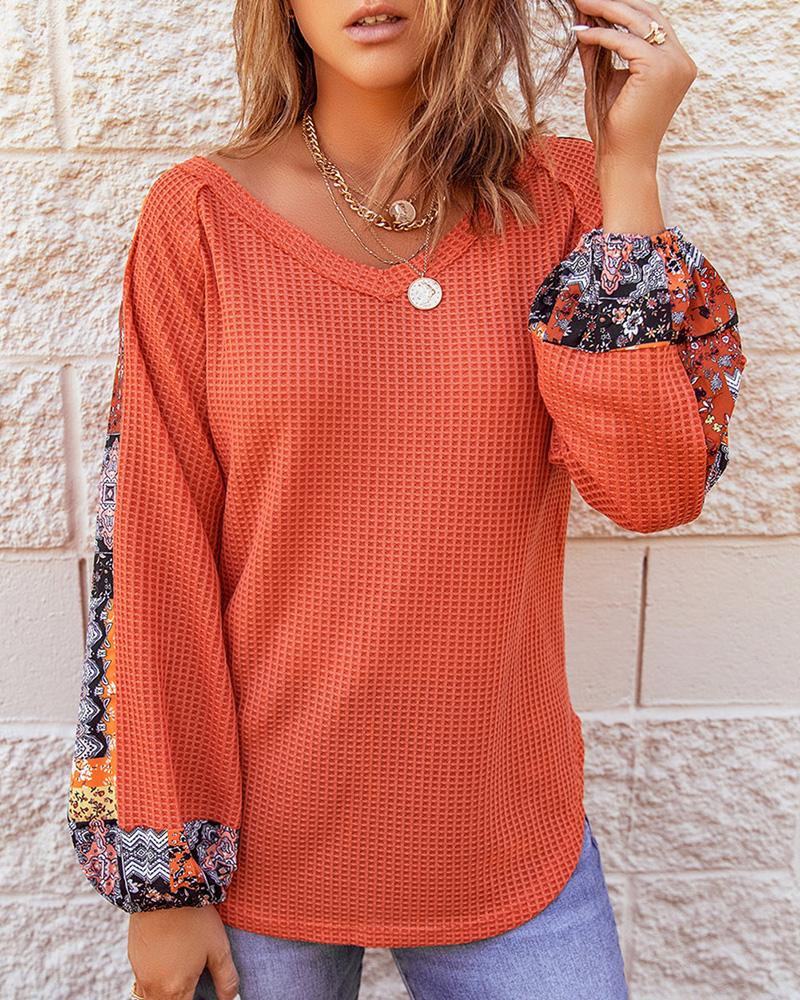 

Lantern Sleeve V-Neck Ditsy Floral Graphic Print Knit Top, Orange