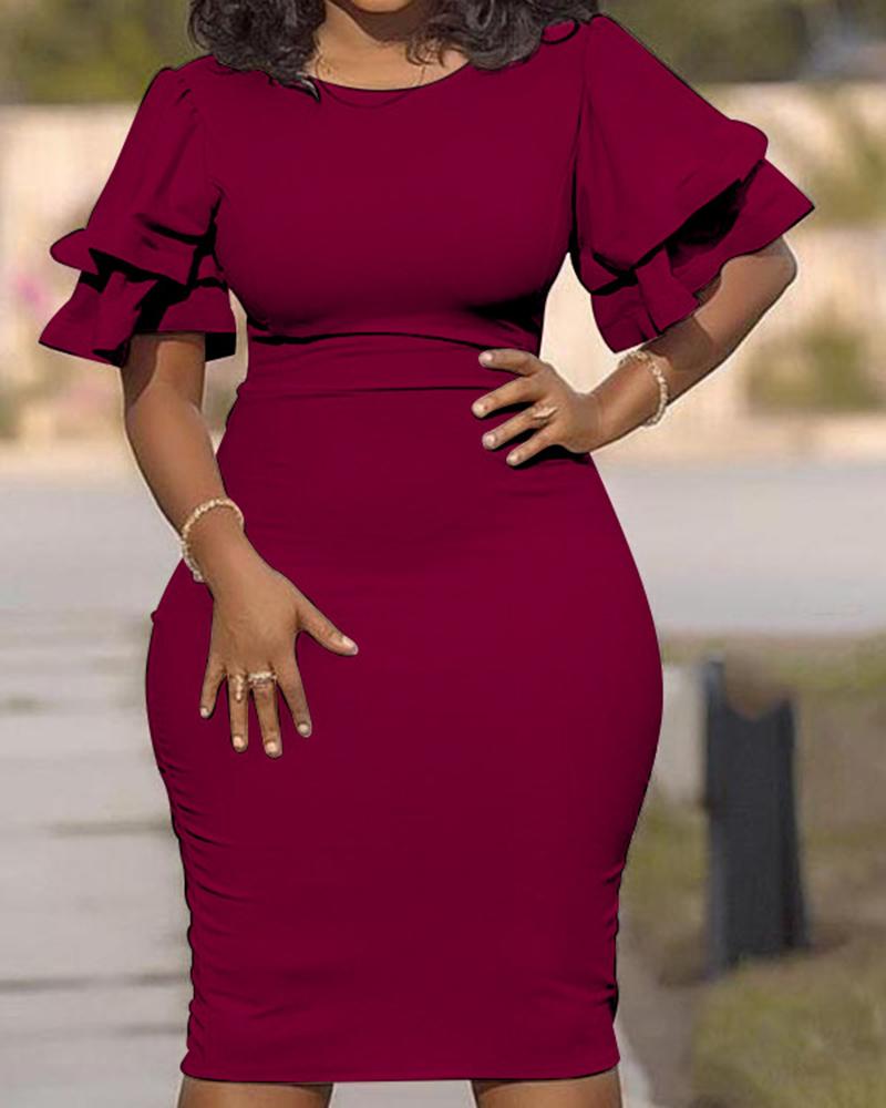 

Plus Size Ruffle Bell Sleeve Work Bodycon Dress, Wine red