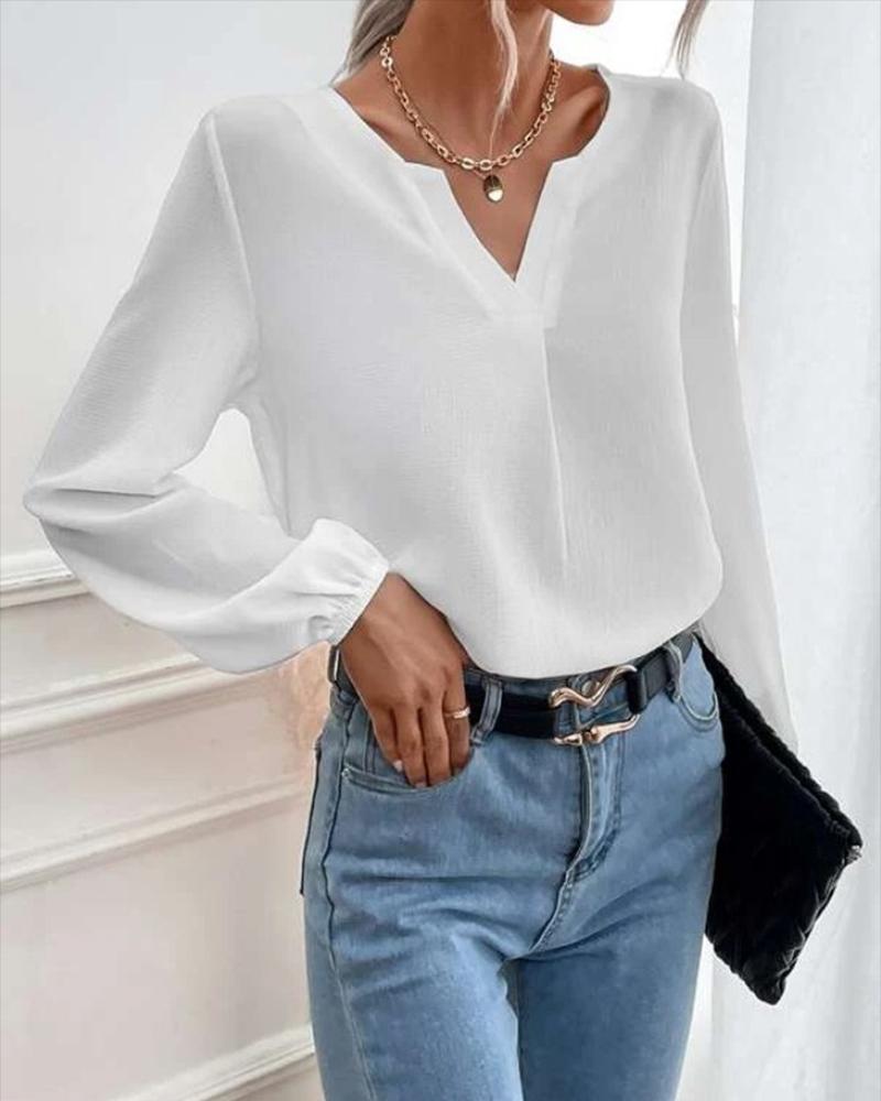 

Plain V-Cut Long Sleeve Top, White