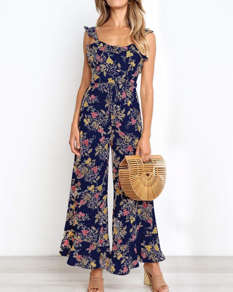 

Ruffles Design Floral Print Jumpsuits, Dark blue