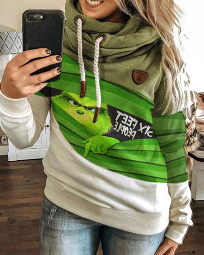 

Christmas Cartoon Print Long Sleeve Hoodie, Green