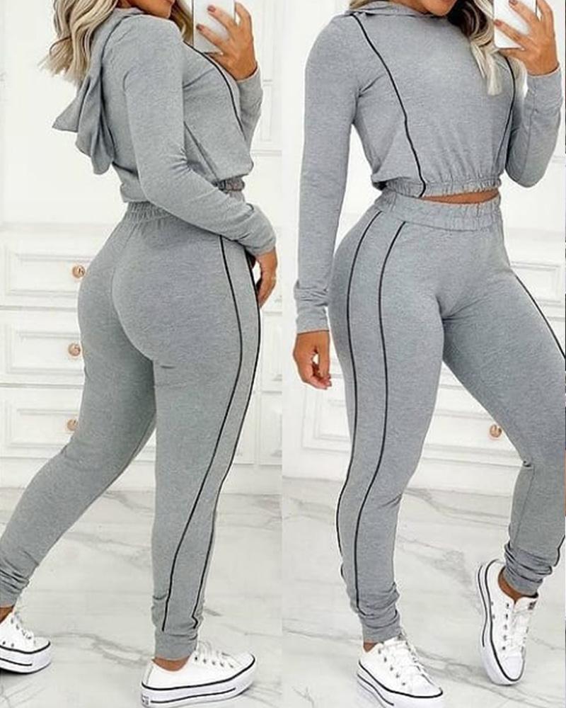 

Striped Trim Hooded Crop Top & Pants Set, Gray