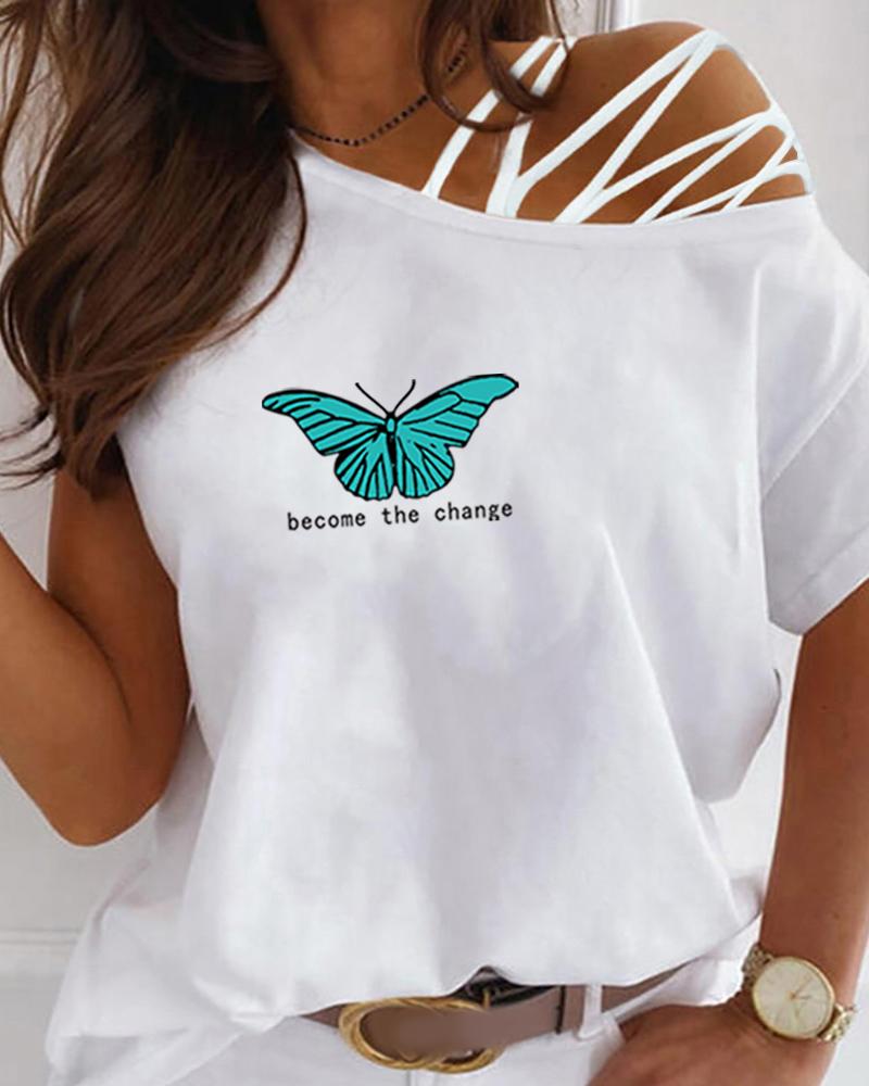 

Print Butterfly Slash Neck T-shirt, Style1