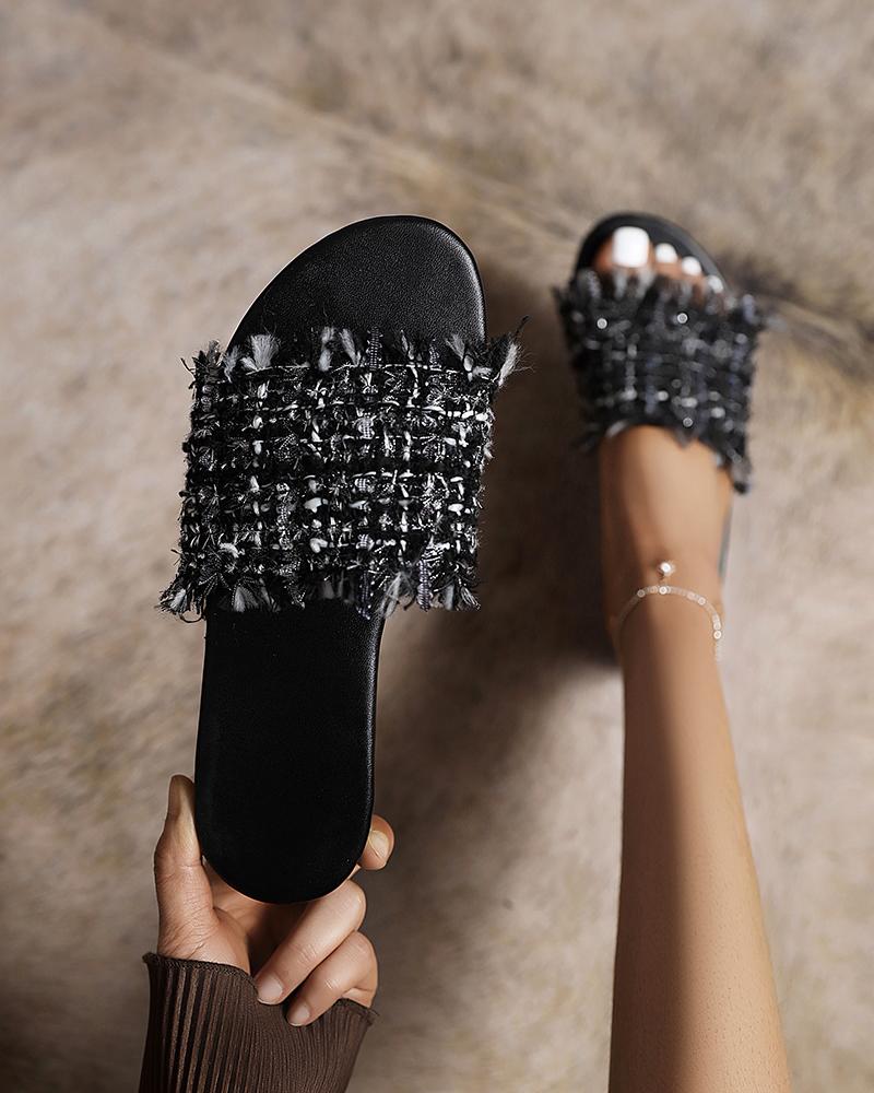 

Solid Tassel Band Upper Round-toe Flat Sandals, Black