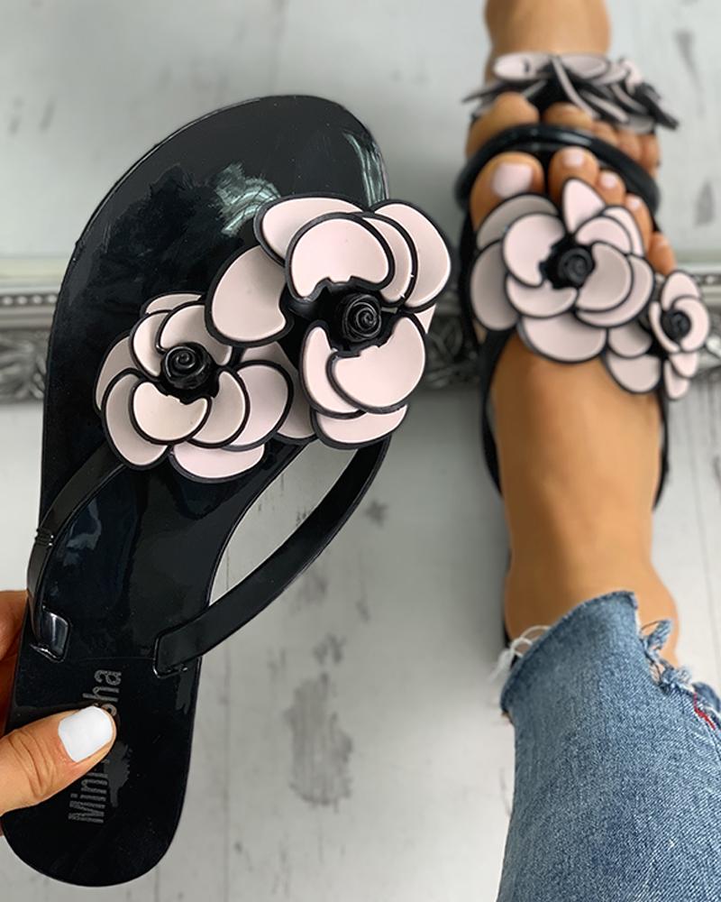 

Toe Post Flower Design Flat Sandals, Black