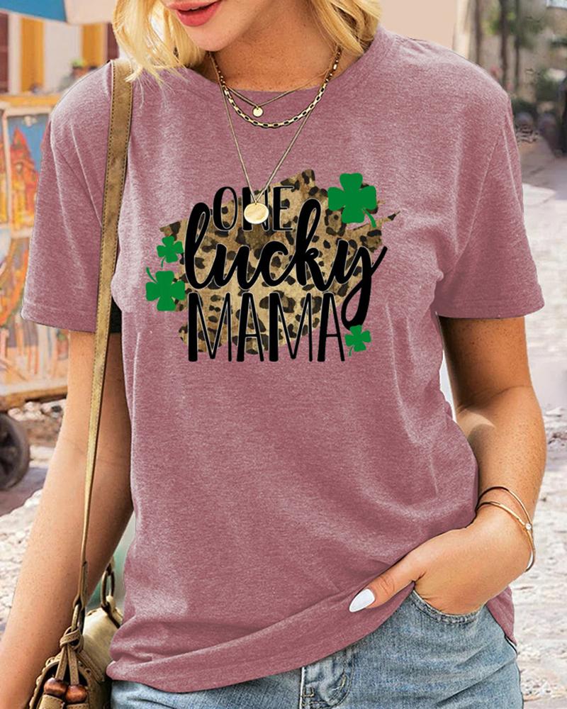 

St.Patrick' Day Letter Cheetah Clover Print Short Sleeve T-Shirt, Pink