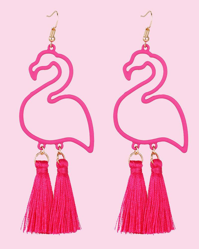 

1Pair Hollow Out Flamingo Shaped Tassel Design Drop Earrings, Pink