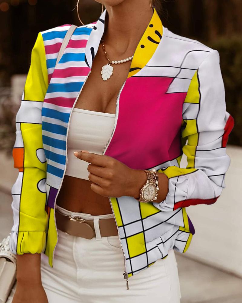 

Graphic Print Long Sleeve Zip Front Casual Jacket, Multicolor