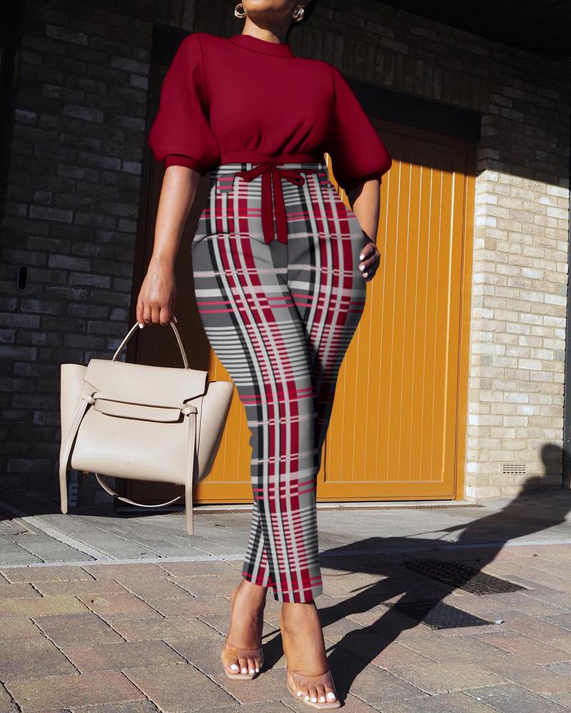 

Plaid Print Patchwork Lantern Sleeve Tied Detail Jumpsuit, Red