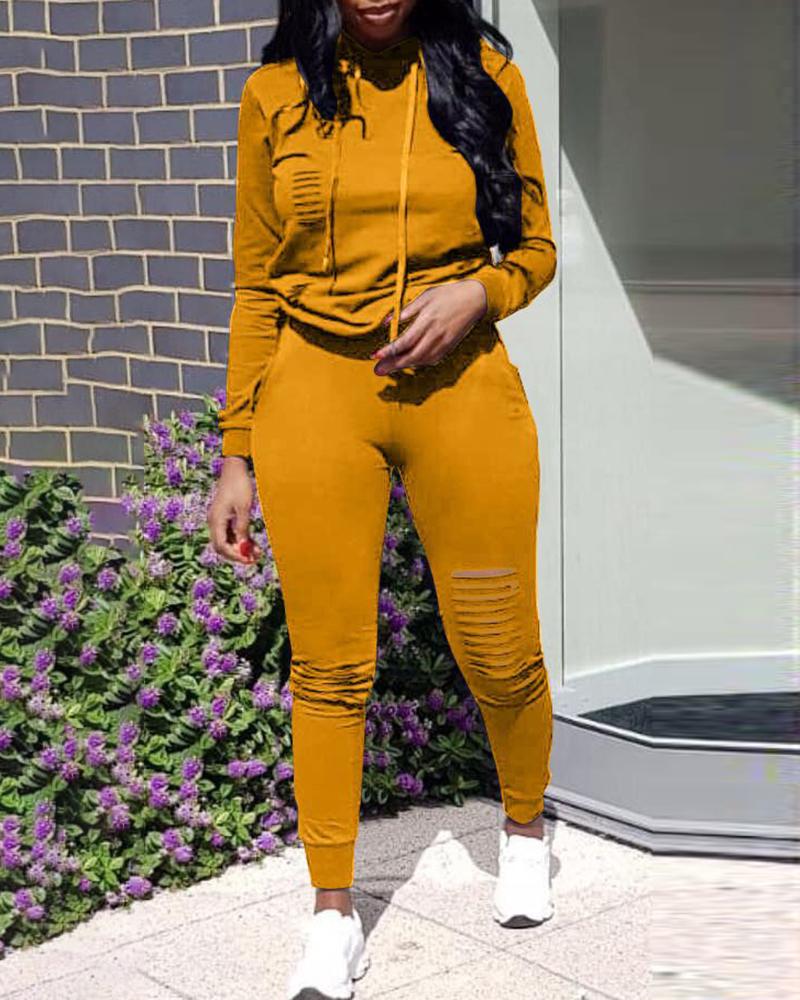 

Solid Ladder Cut Out Hooded Oversized Tracksuits, Yellow