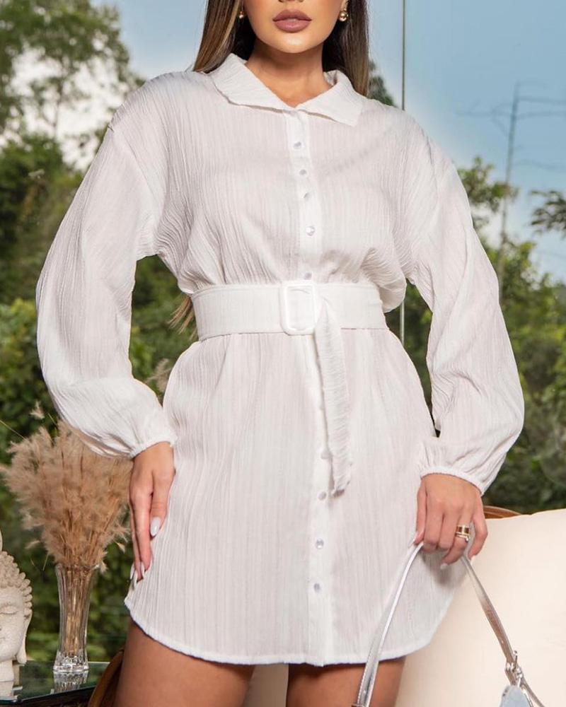 

Buttoned Textured Shirt Dress With Belt, White