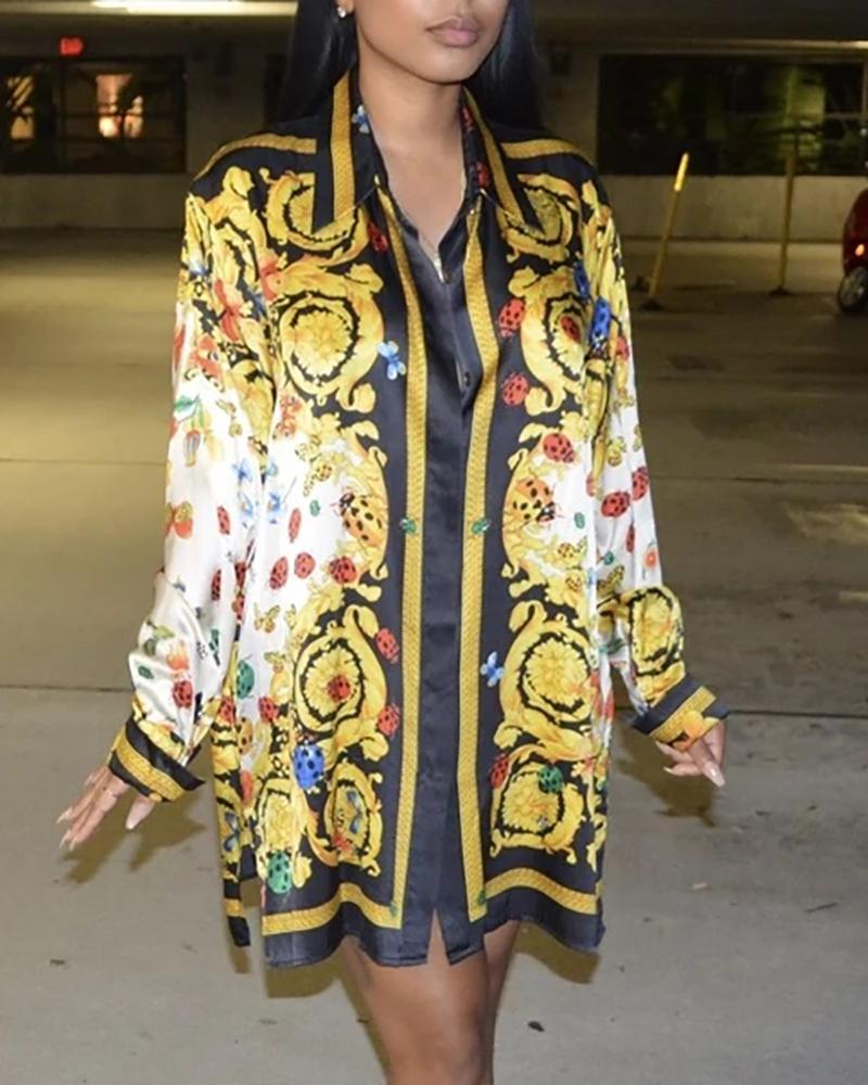 

Scarf Print Long Sleeve Women Shirt Dress, Yellow