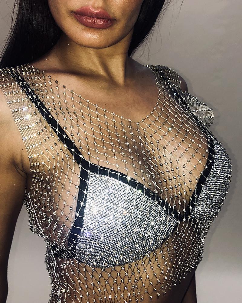 

Rhinestone Decor Fishnet Crop Top, Silver