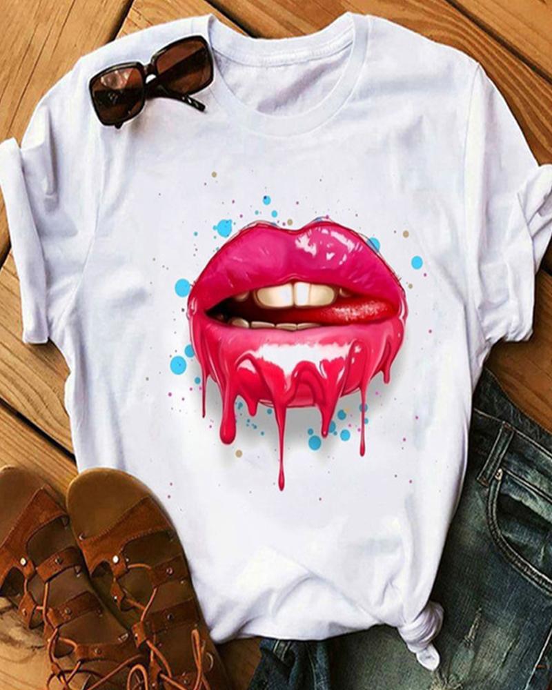 

Lip Print Short Sleeve Casual T-shirt, Style5