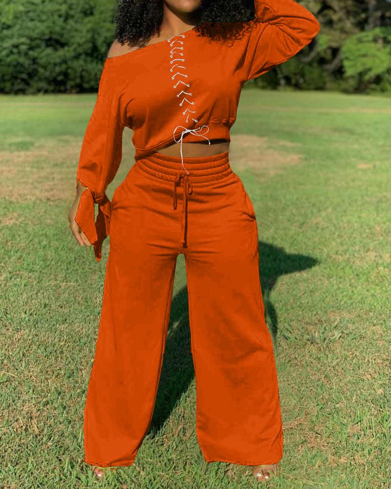 

Grommet Eyelet Lace-Up Knot Cuff Top & Pants Set, Orange