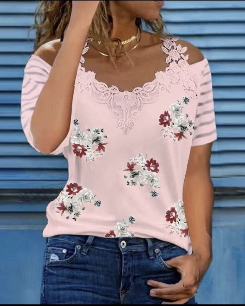

Floral Print Guipure Lace Patch Cold Shoulder Top, Pink