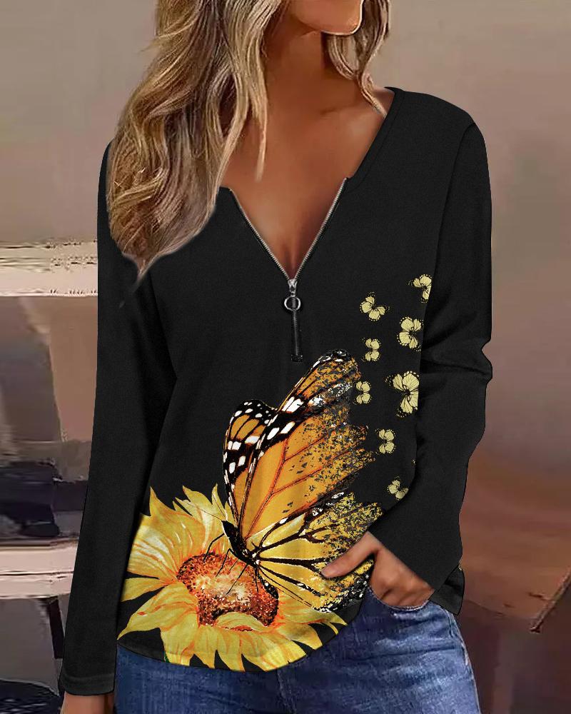 

Sunflower Butterfly Print Zip Front Long Sleeve Top, Black