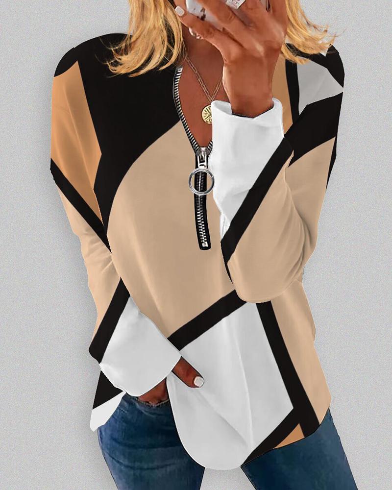 

Geometric Print Zipper Design Top, Orange