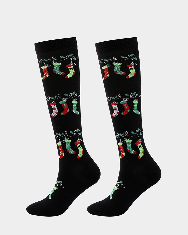 

1Pair Christmas Graphic Print Long Socks, Black