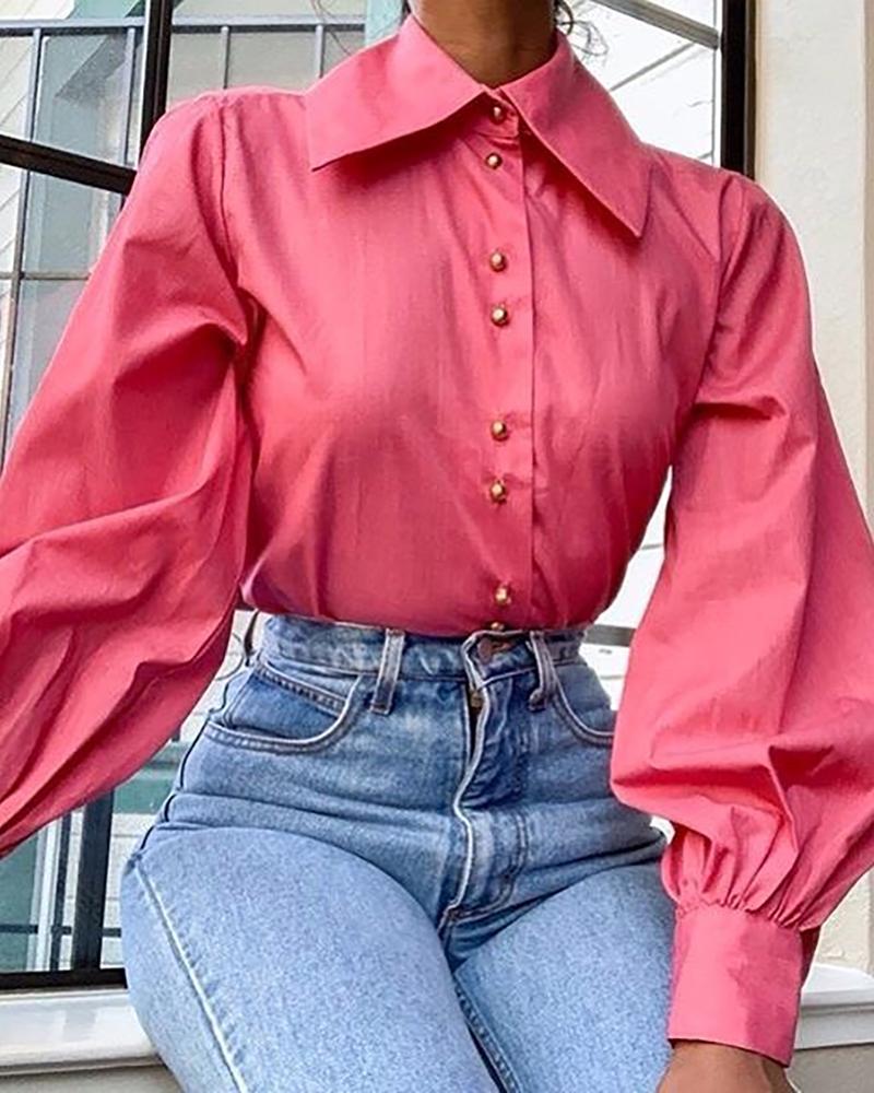 

Solid Lantern Sleeve Casual Shirt, Pink