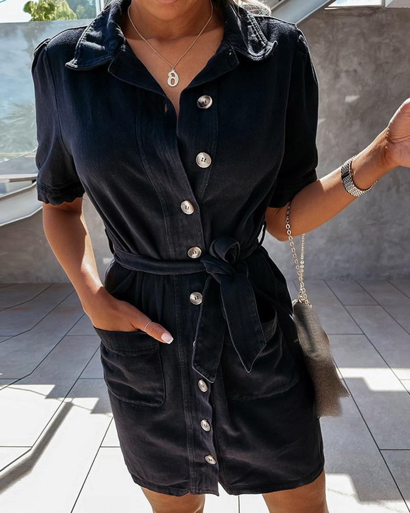 

Button Pocket Design Short Sleeve Dress, Black