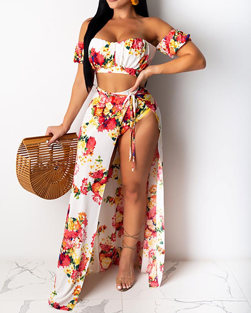 

Floral Print Short Sleeve Off Shoulder Blouse With Slit Long Skirts Suit Sets, White