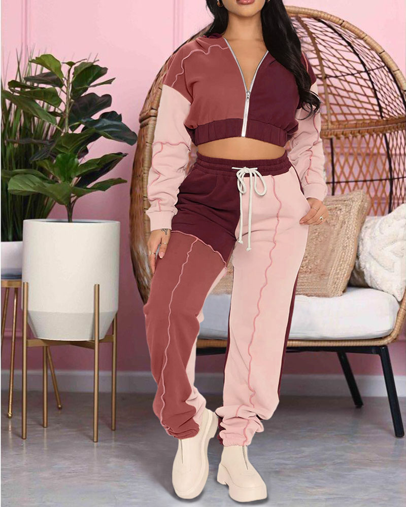 

Colorblock Zip Front Hooded Crop Top & Pants Set, Pink
