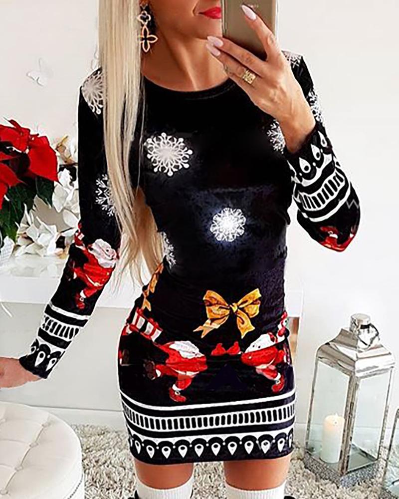 

Christmas Mixed Print Long Sleeve Dress, Black