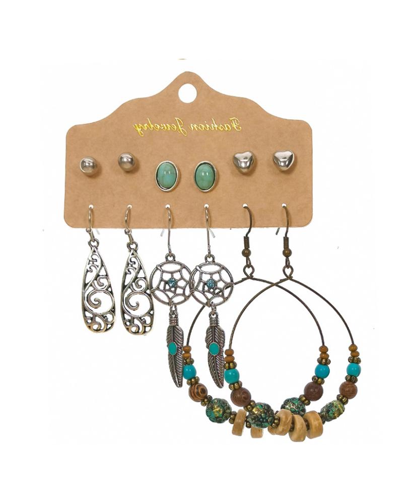 

6Pairs Retro Feather & Beaded Earrings Set, Silver