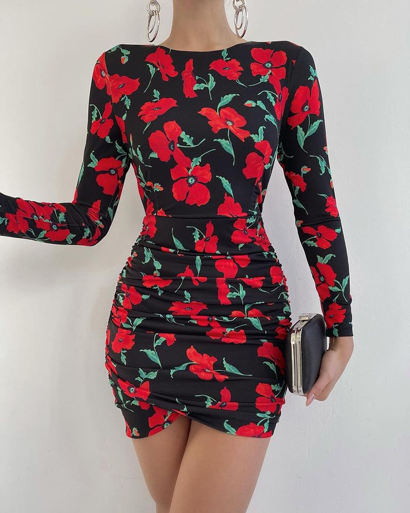 

Backless Floral Print Asymmetrical Bodycon Dress, Black