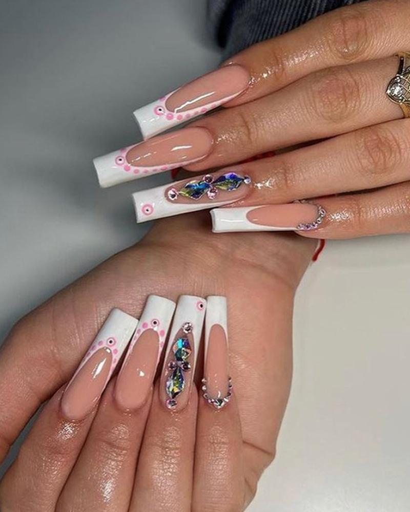 

24pcs Gemstone Colorblock Glossy Press On Fake Coffin Nails Set, White