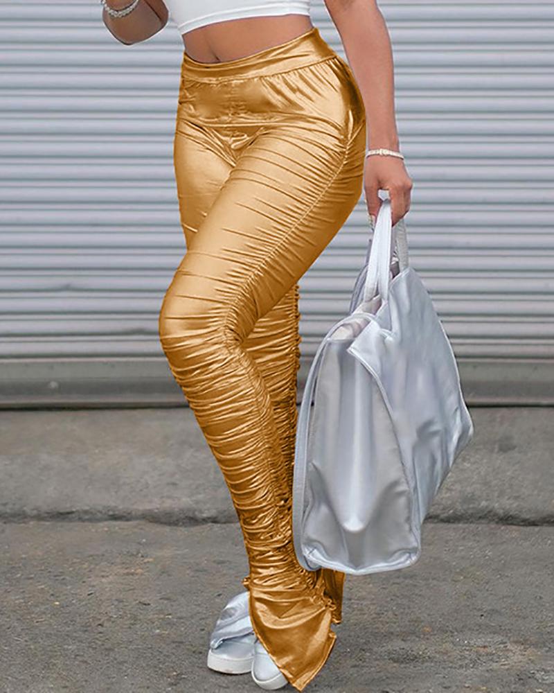 

High Waist Ruched Skinny Slit Pants, Gold