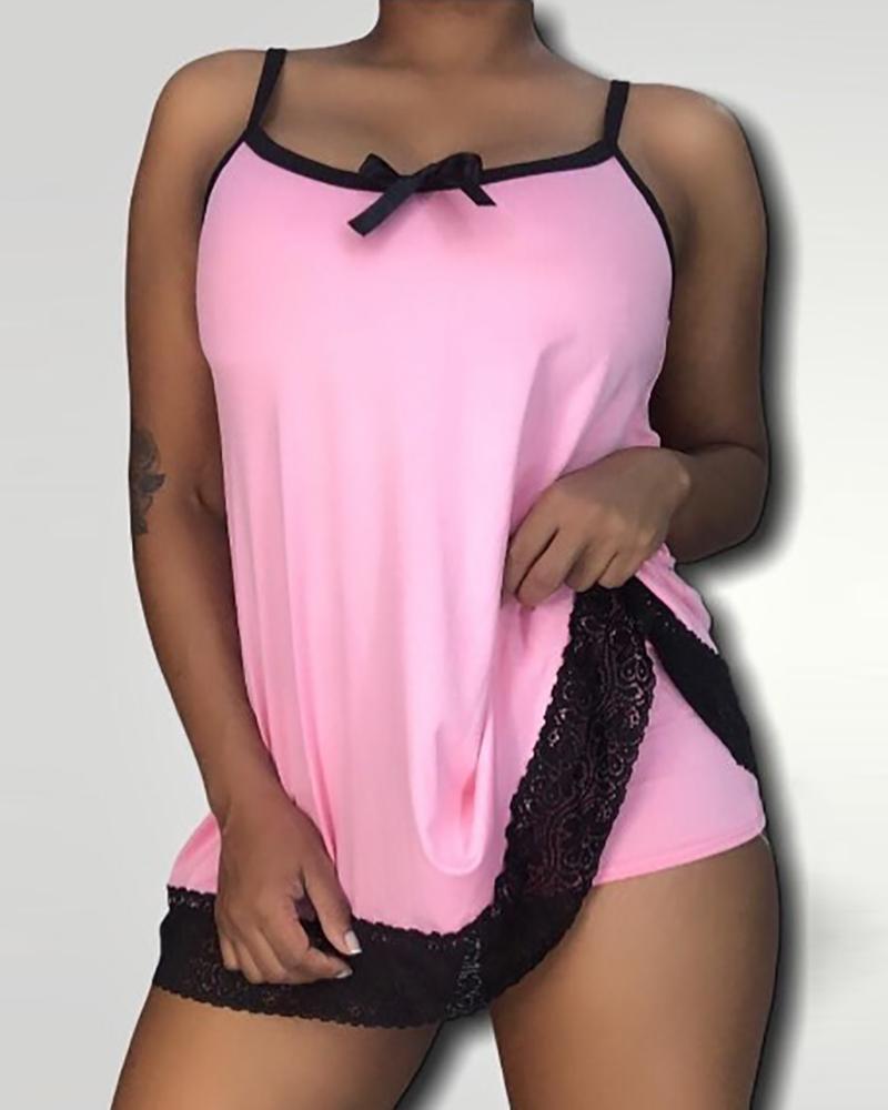

Bowknot Front Sleeveless Lace Trim Cami Set, Pink