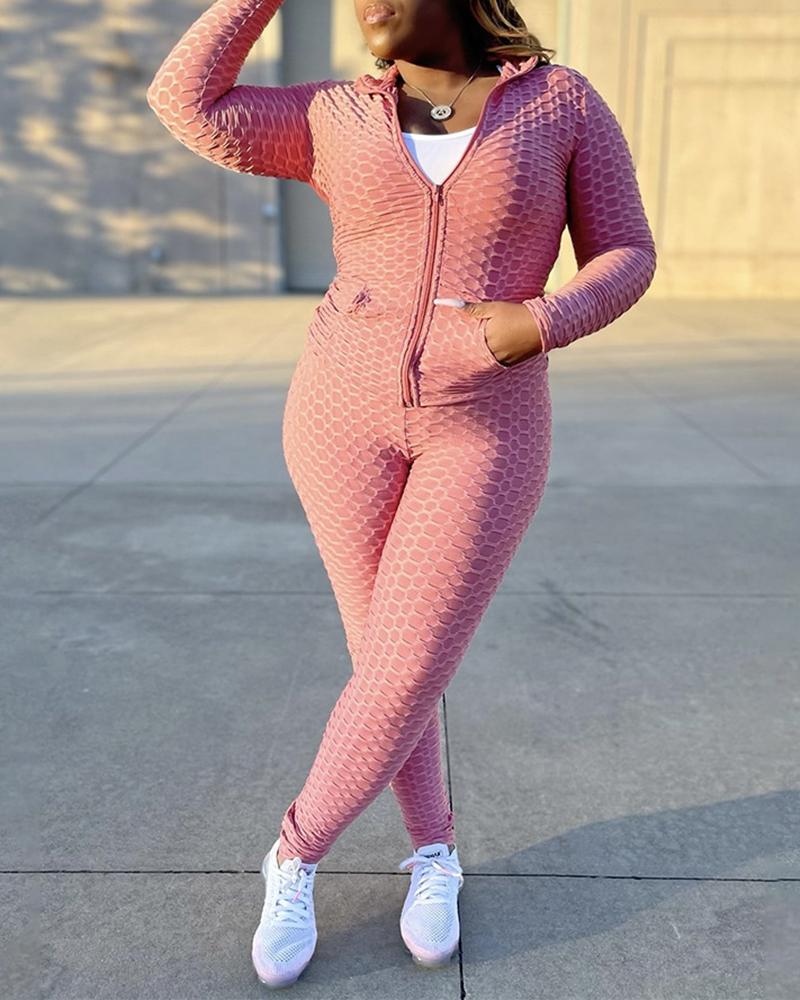 

Bubble Textured Zipper Design Top & High Waist Pants Set, Pink