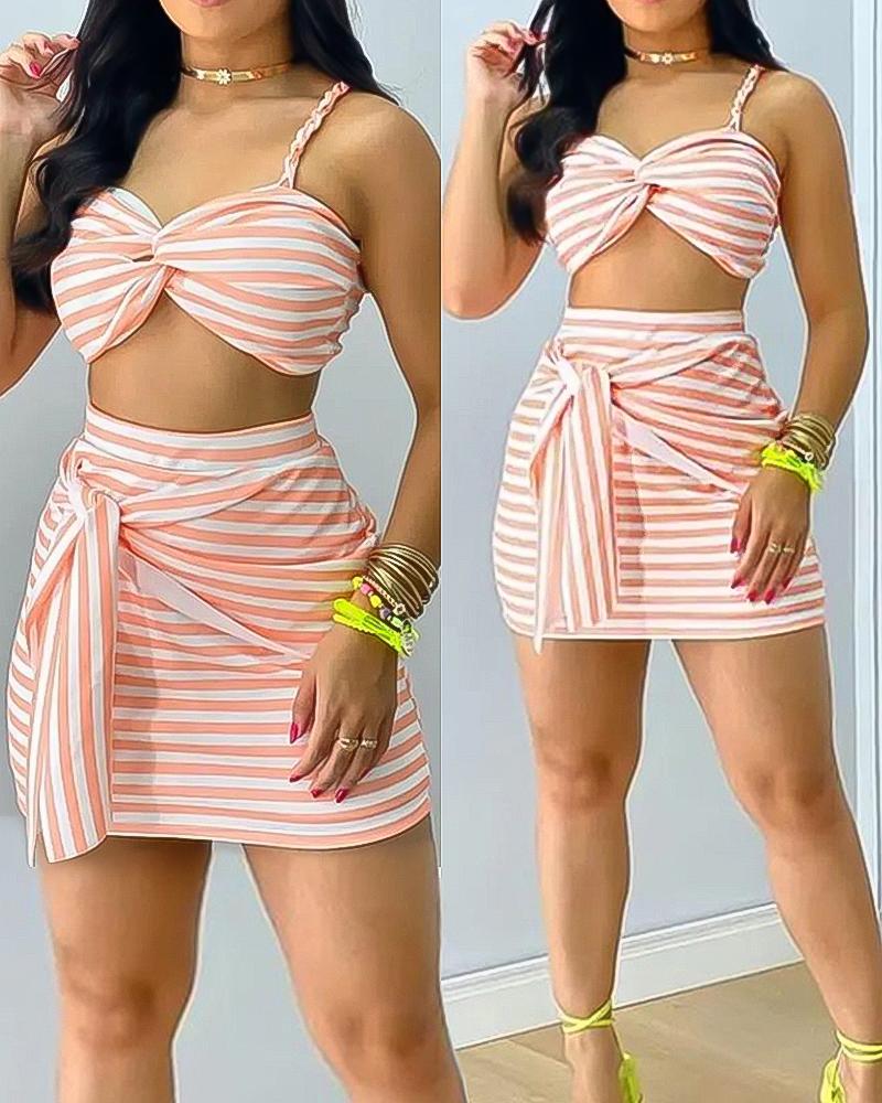 

Striped Print Twist Crop Top & Tied Detail Skirt Set, Pink