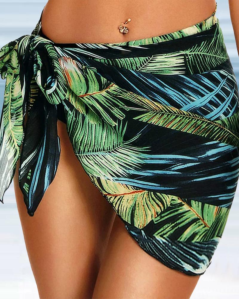 

Palm Leaf Print Tied Detail Chiffon Cover Up Wrap Skirt, Green