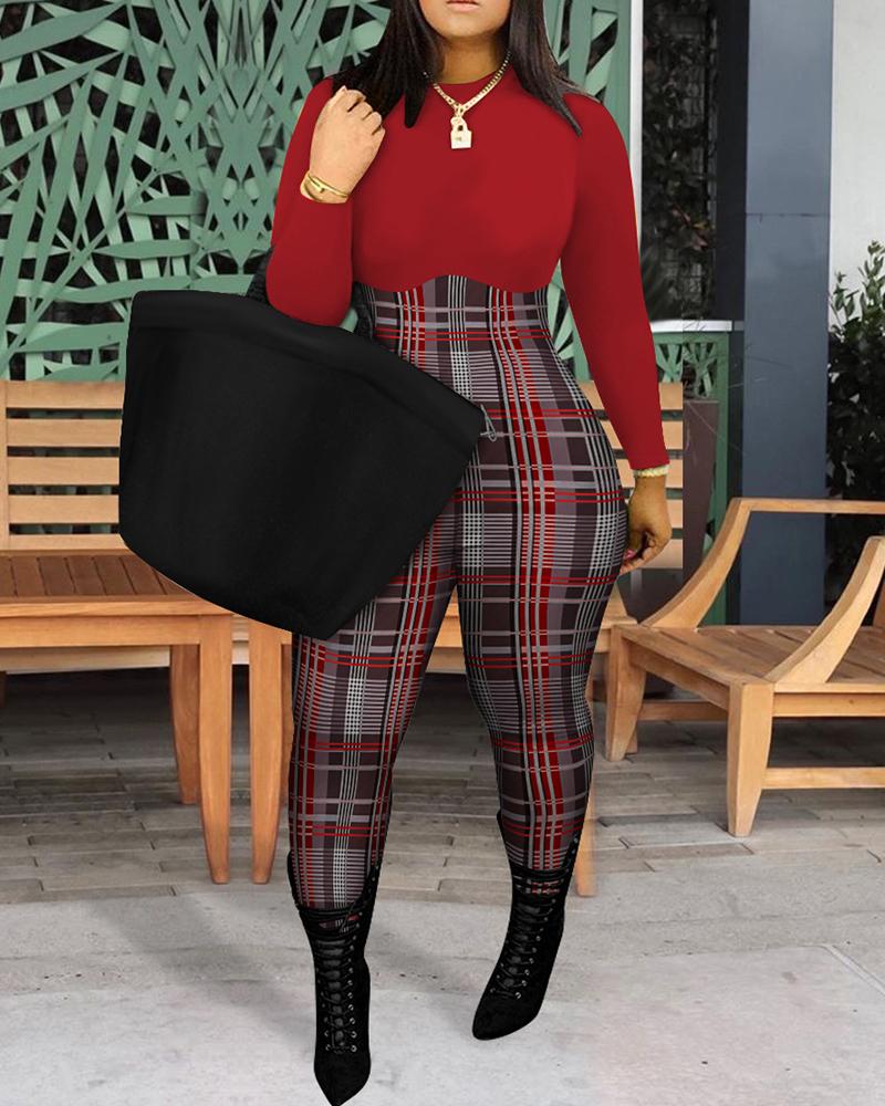 

Plaid Print Long Sleeve Skinny Jumpsuit, Wine red