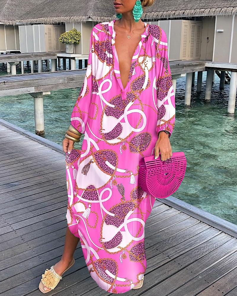 

Scarf Chain Print Long Sleeve Shirt Dress, Hot pink
