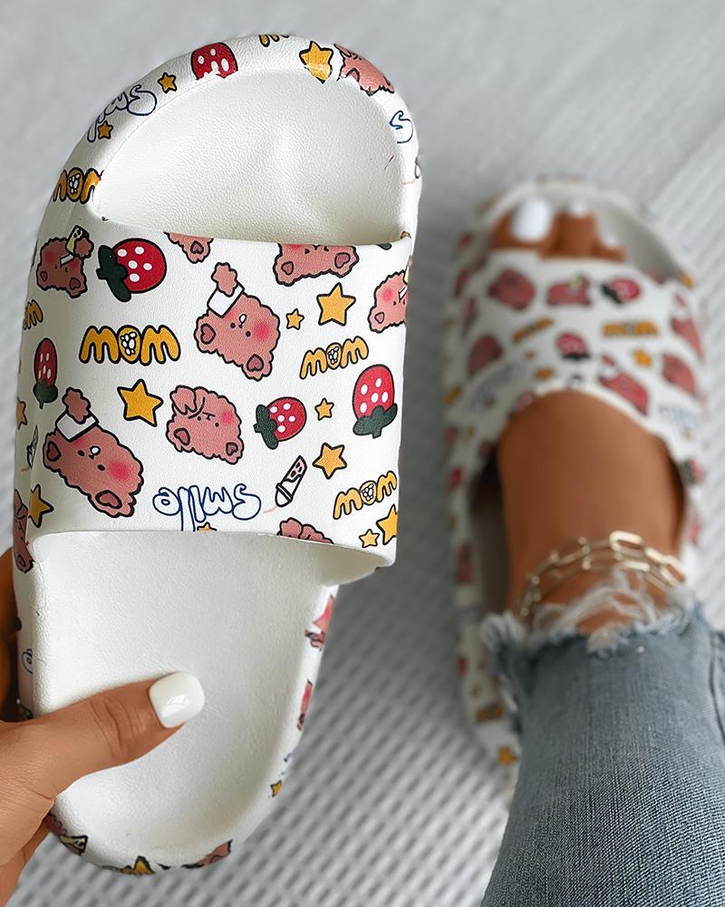 

Cartoon Pattern Round Toe Slippers, White