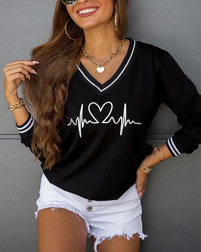 

Graphic Print Colorblock V-Neck Long Sleeve Top Casual Sweatshirt, Black