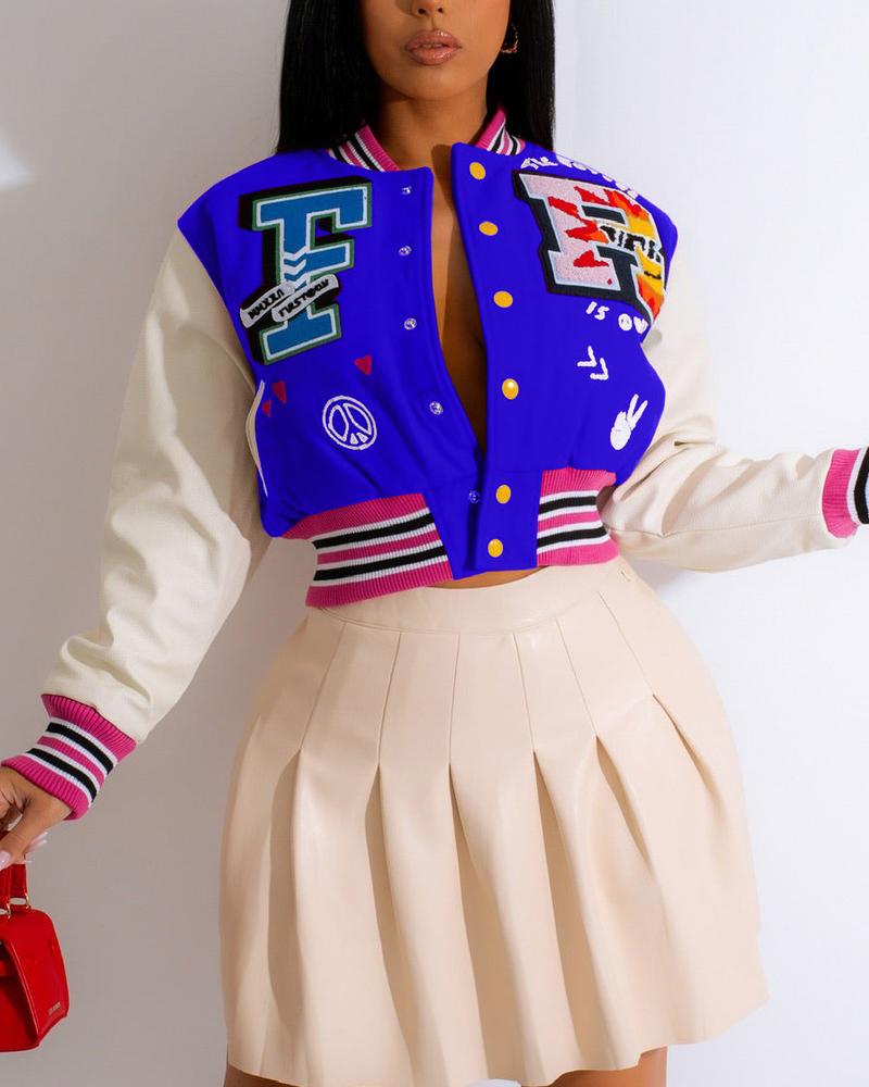 

Letter Print Button Front Long Sleeve Bomber Jacket, Blue