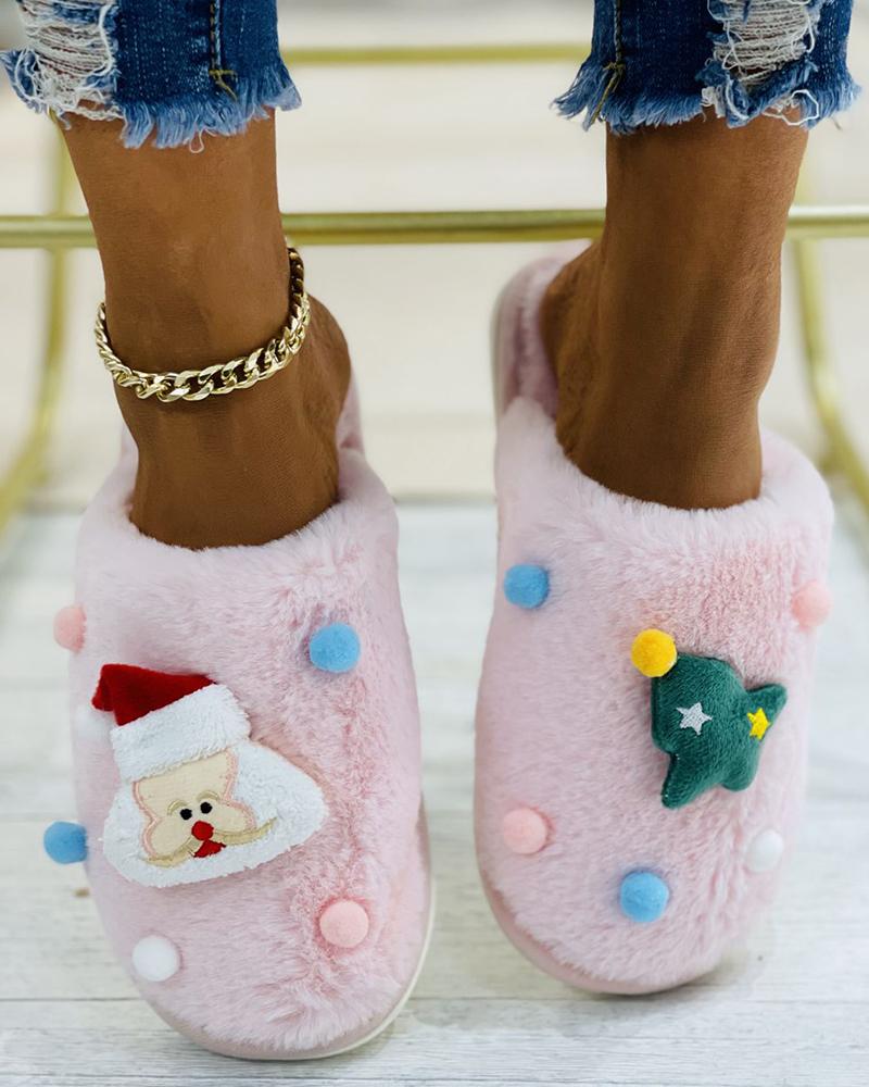 

Christmas Santa Tree Pattern Pom Pom Fluffy Slippers, Pink