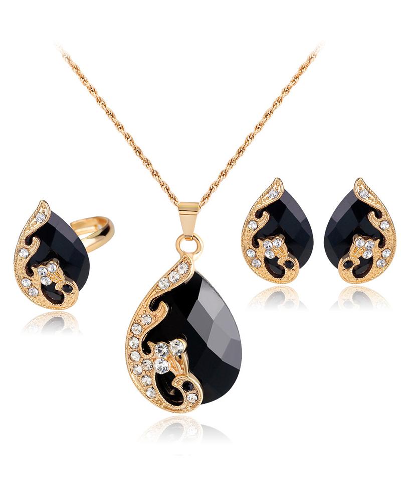 

3pcs Gem Stone Rhinestone Pendant Necklace & Earrings & Ring Jewelry Set, Black