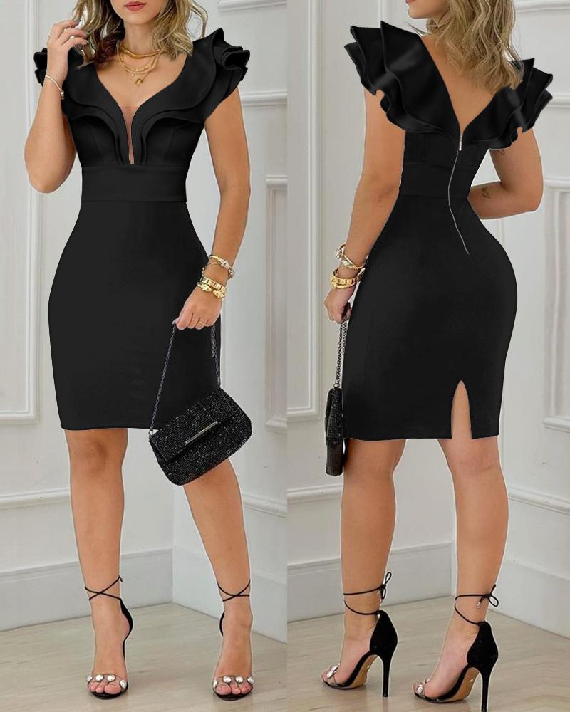 

Plunging Neck Layered Ruffle Hem Bodycon Dress, Black