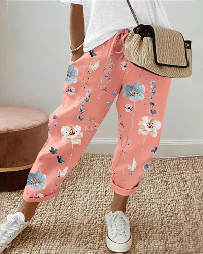 

Floral Print Drawstring Cuffed Pants, Pink