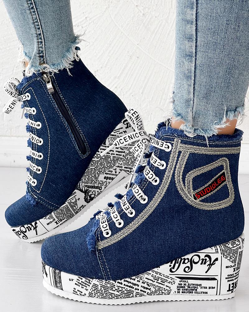

Newpaper Lace-up Platform Wedge Ankle Boots, Light blue