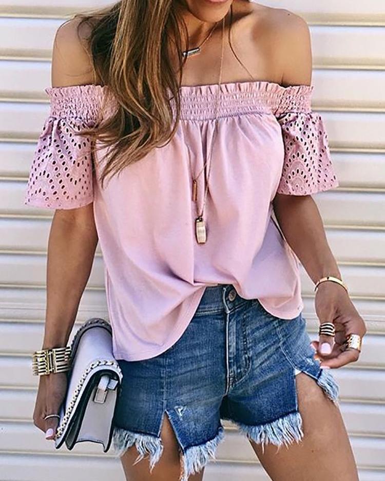 

Off Shoulder Eyelet Embroidery Shirred Top, Pink
