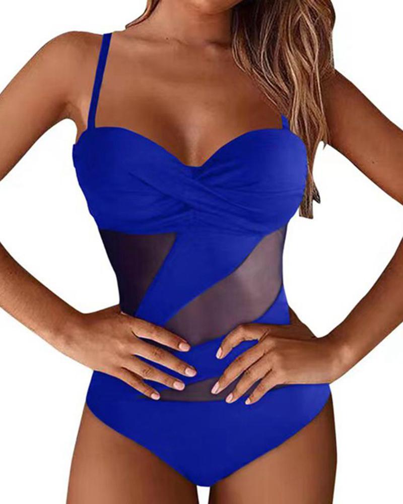 

Contrast Mesh Backless Tied Detail One Piece Swimsuit, Blue