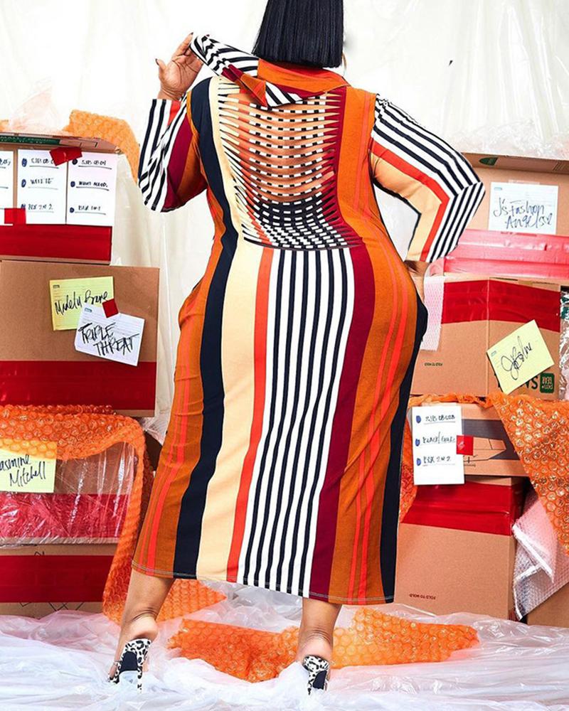 

Plus Size Colorblock Striped Hooded Casual Dress, Orange
